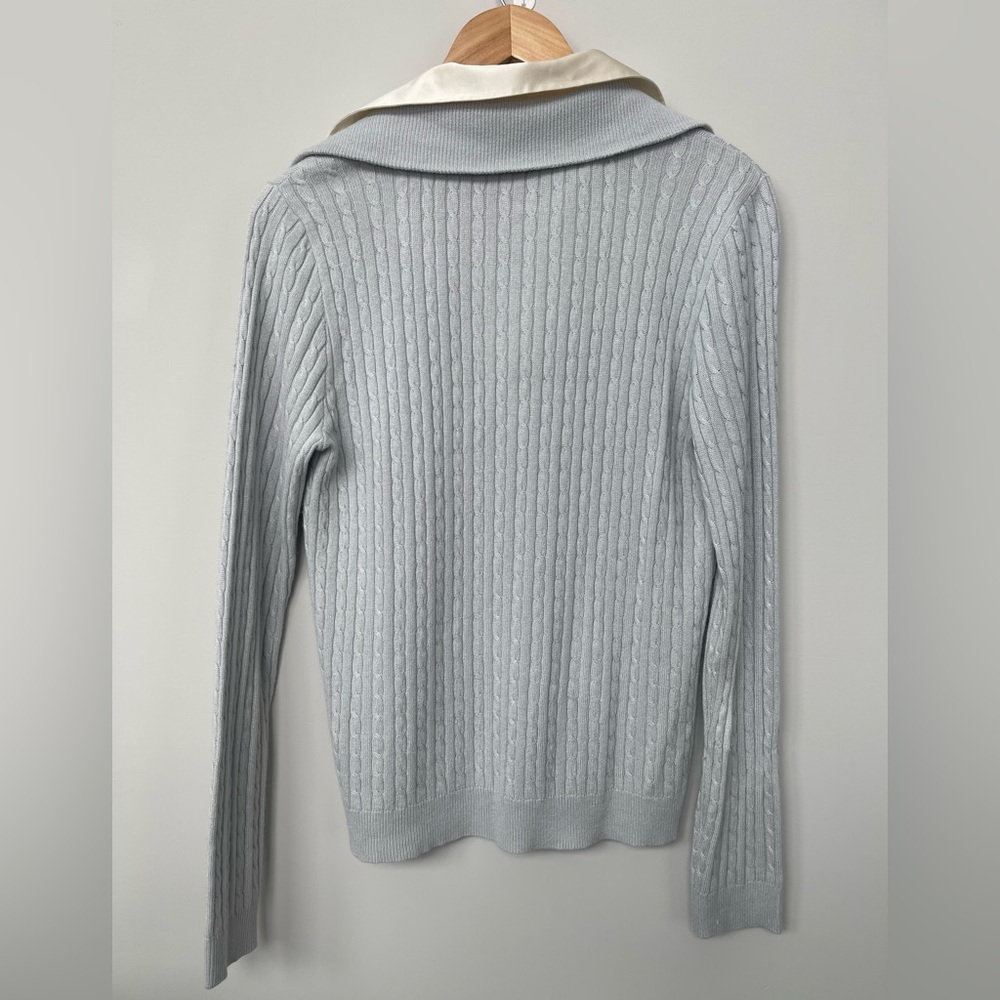 Lauren Ralph Lauren | Cashmere Silk Polo Cable Knit Sweater Baby Blue Ivory Sz L - Picture 6 of 7